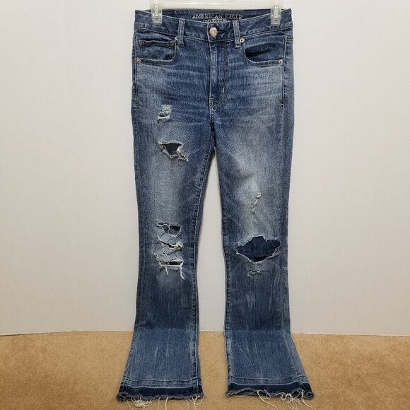 American Eagle jeans 4 Hi-Waisted Slim distressed denim whiskered DIY frayed hem - Picture 1 of 16